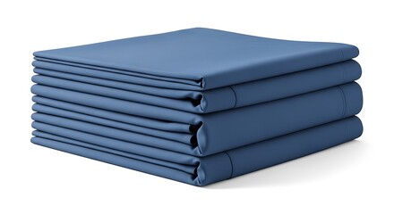 A stack of neatly folded blue bed sheets is presented on a white background, ready for use.