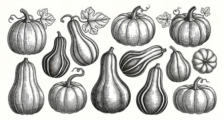 Hand Drawn Vintage Style Gourds And Pumpkins Botanical Illustration On White Background