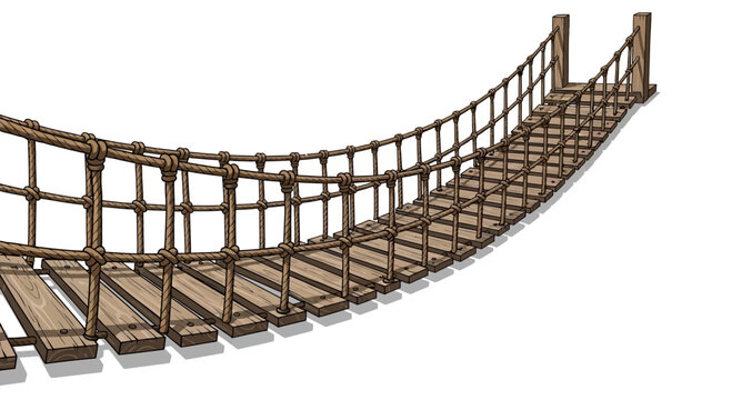 A wooden rope bridge with planks and railings on a white background.