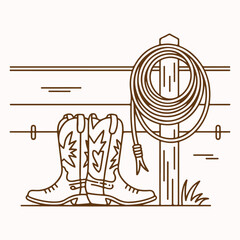 Cowboy Boots by a Fence with a Lasso An Illustration of Western Countryside