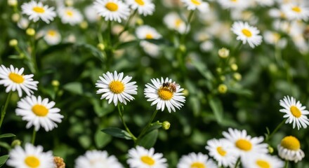Bee Collecting Pollen on White Daisy in a Sunny Field
