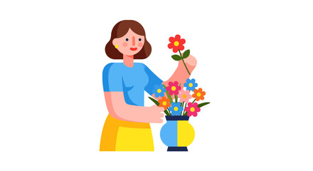 Woman Arranging A Vase Of Colorful Flowers, An Illustration with a Black Background