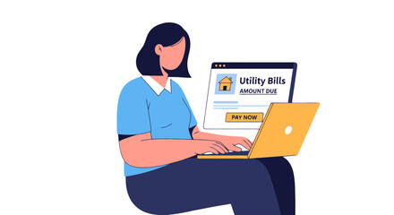 Woman Paying Utility Bills Online on Laptop, Residential Payment Concept Illustration