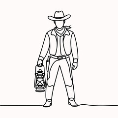 Continuous Line Drawing of a Solitary Cowboy Holding an Old-Fashioned Lantern, Capturing Western Spirit in Minimalist Art
