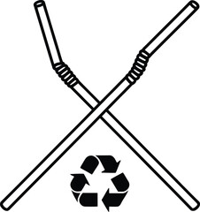 Two Crossed Plastic Straws with a Recycling Symbol on White Background drinking beverage