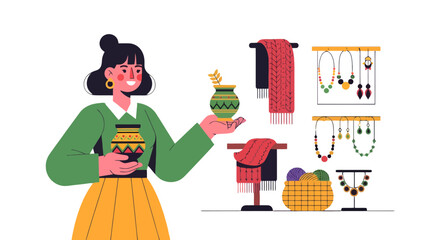 Woman Presenting Handmade Crafts and Artisan Products in A Colorful Flat Illustration