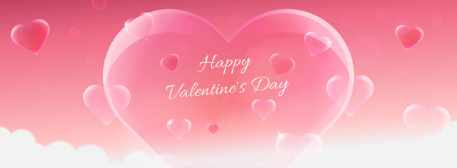 Romantic Valentine's Day banner with hearts, poster, voucher, with love text, pink background and white clouds for holiday events and digital design. Vector illustration