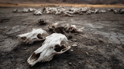 A stark and desolate landscape where numerous animal skulls and bones lie scattered across dry barren earth under a muted sky