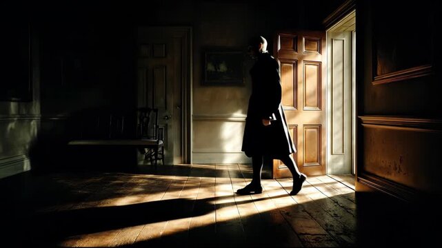 Mysterious Silhouette Entering a Darkened Room with Bright Sunlight.