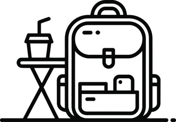 Backpack with small table and drink icon on white background chair