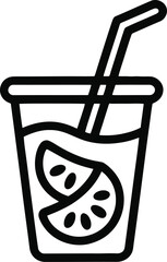 Black and white icon of a glass with a straw and lemon slices drink beverage