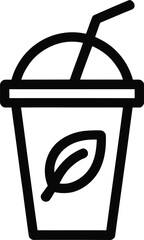 Black and white icon of a takeaway cup with a straw and leaf logo drink beverage