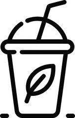 Black and white icon of a takeaway cup with a leaf and small dots drink beverage