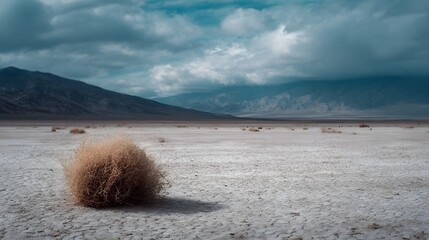 A lone tumbleweed rests on a cracked dry desert plain beneath a dramatic cloudy sky with distant mountains