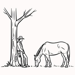A lone cowboy takes a peaceful break under a shade tree while his horse grazes nearby in a classic Western setting illustration