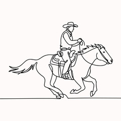 Continuous one line drawing of a cowboy riding a galloping horse in a minimalist Western style