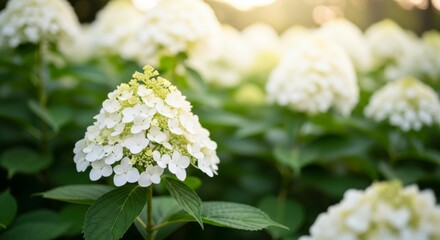 White Hydrangea Flowers Blooming in Golden Sunlight