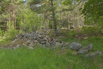Landscape view of Heinästien meadow, is a traditional environment, where there were previously buildings and stone fences, in cloudy summer weather, Nikula, Espoo, Finland.