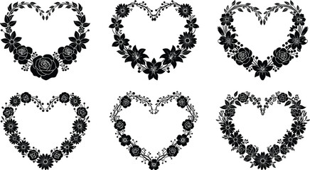Floral heart silhouette, botanical design, romantic vector, black shape, white background, decorative pattern, love symbol, elegant art, nature-inspired motif
