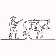 A continuous line drawing concept of an American cowboy walking with his horse and rifle