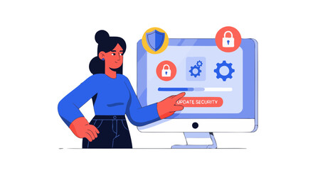 Woman Updating Computer Security: Digital Shield Protection And Secure Software Upgrade