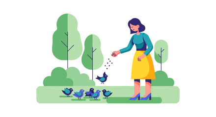 Woman Feeding Birds In Park With Green Trees And Black Background Scene