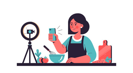 Woman Filming a Cooking Tutorial for Social Media in Modern Illustration Style