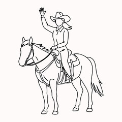 Energetic female equestrian riding a horse, depicted in a simple, elegant line art style with a friendly wave