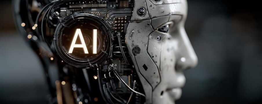 Close-up of a robotic head featuring illuminated AI text on a sleek design