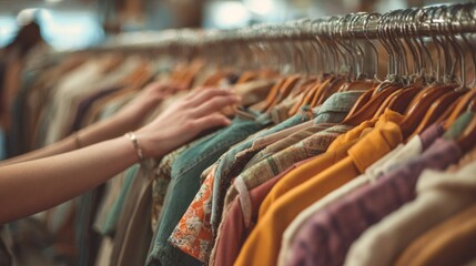 Women's hands sorting through clothes on hangers in a store, sale