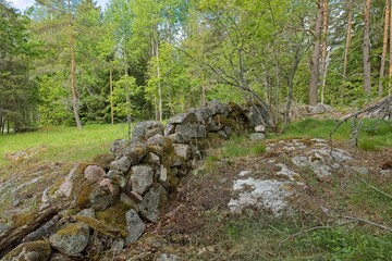 Landscape view of Heinästien meadow, is a traditional environment, where there were previously buildings and stone fences, in cloudy summer weather, Nikula, Espoo, Finland.