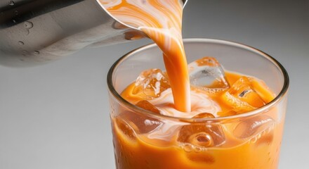 Thai iced tea pouring into glass beverage photography stylish setting
