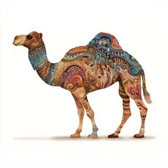 Detailed ornamental watercolor painting of a dromedary camel featuring intricate traditional patterns in warm and cool earth tones against a white background.