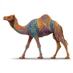 Stylized camel illustration featuring intricate multicolored paisley and mandala patterns walking across white background