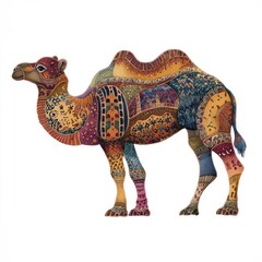 Stylized watercolor illustration of camel featuring intricate mosaic pattern in vibrant warm and cool colors against white background