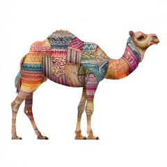 Watercolor illustration of dromedary camel adorned with intricate patchwork of colorful ethnic patterns against white background