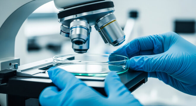 Gloved hands of a scientist adjusting a petri dish under a microscope for a detailed laboratory examination.