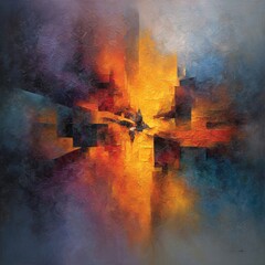 Vibrant abstract expressionist painting features dynamic collision of warm and cool colors with strong central illumination and heavily textured surface.