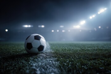 Naklejka premium Close-Up of Soccer Ball on Field Line Under Stadium Lights at Night