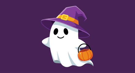 Cute ghost with witch hat and candy bucket, Halloween illustration