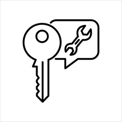Key and wrench inside a speech bubble