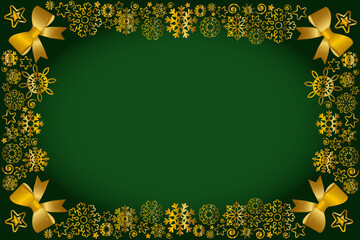 Elegant green and gold christmas border with snowflakes and bows for festive invitations.