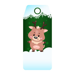Cute reindeer gift tag with festive winter design and snowy background.