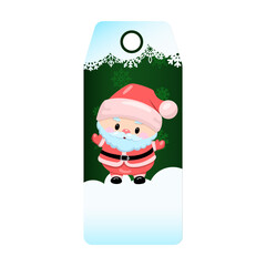 Cute santa claus tag with snowflakes and holiday background for christmas gift wrapping.