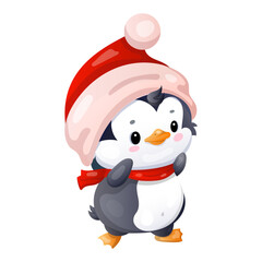 Cute cartoon penguin wearing a red santa hat and scarf on white background.
