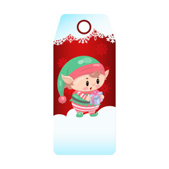 Cute christmas elf with gift on festive tag with snowflakes.