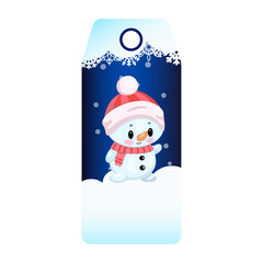 Adorable snowman on festive winter gift tag with red hat and scarf.