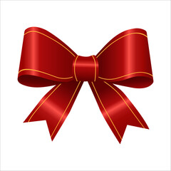 Elegant red ribbon bow with gold trim on white background.