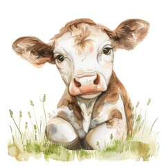Watercolor illustration of gentle brown and white calf resting in green grassy field against white background.