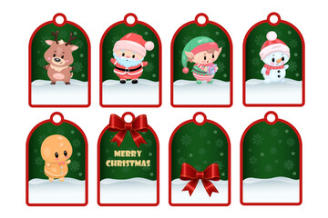 Festive christmas tags with cute characters for holiday gift wrapping.
